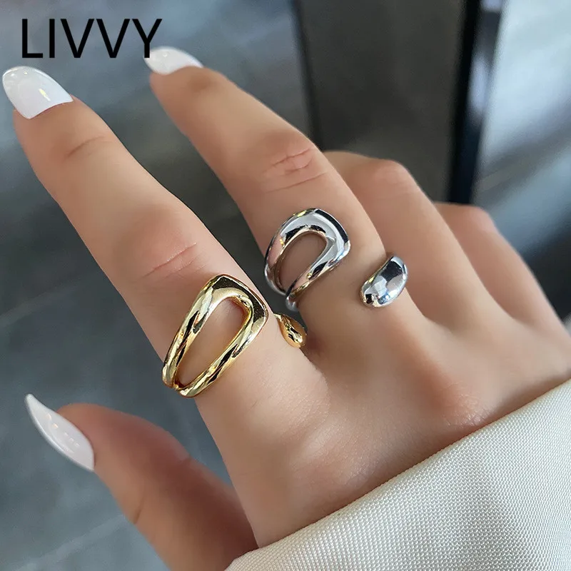 LIVVY Silver Color High-quality Smooth Geometric Irregular Hollow Opening Rings For Women  Fashion Birthday Party Jewelry