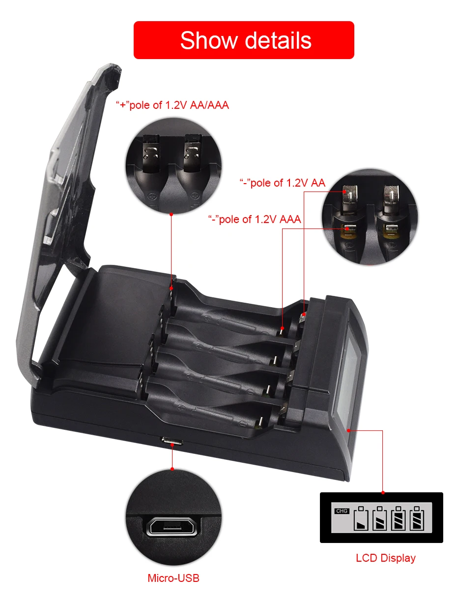 PALO 4-Slots USB-Ladegerät-Set für 1,2 V AA AAA NI-MH-Akku, AA3000 mAh AAA1100 mAh – Detail 8