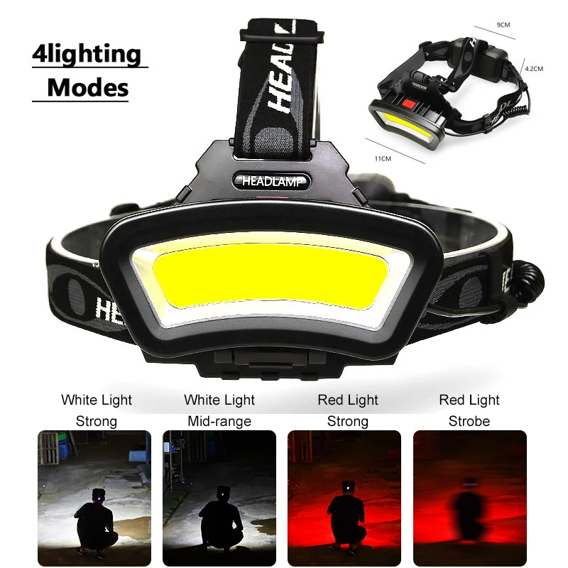 Strong Power USB Rechargeable Headlamp Use 18650 Battery Waterproof COB LED Headlight Red Light Warning Light Head Front Light