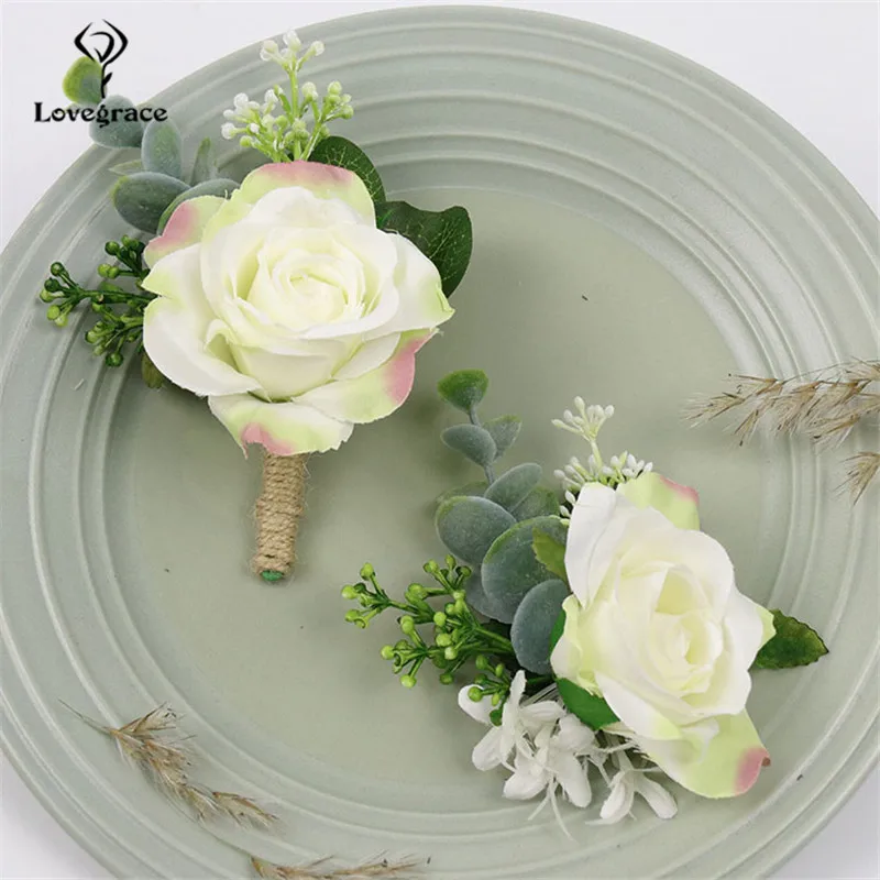 Lovegrace Rose Boutonniere Bridal Pols Corsage Bruidegom Boutonniere Meisje Armband Wit Geel Pols Corsage Kwaliteit Nep Bloemen