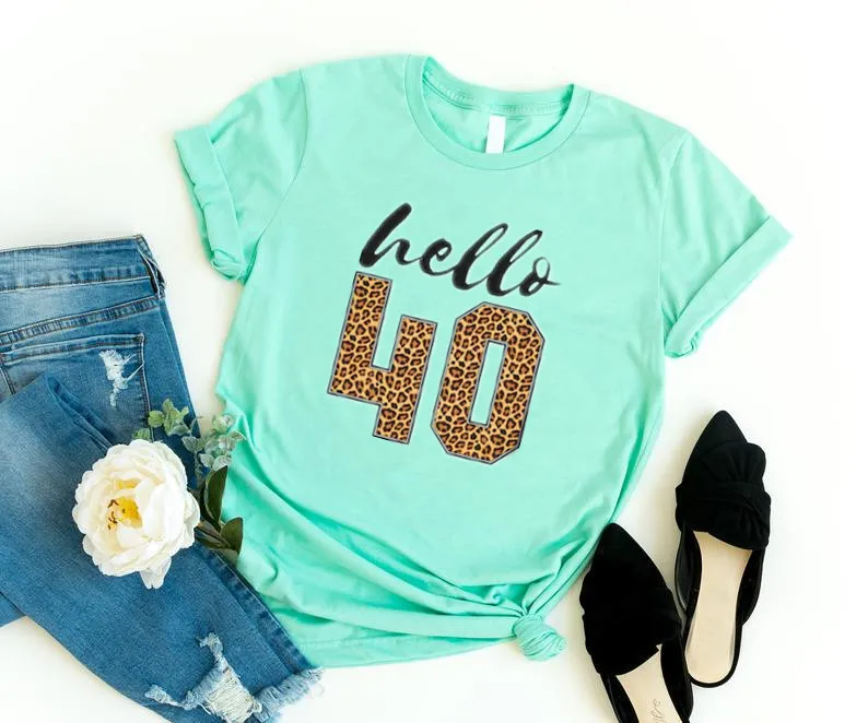 Hello 40 Leopard Print Forty Birthday Gift Trip Cheetah Print T-Shirts Short Sleeve Girl Top Tee 100% cotton harajuku y2k kawaii