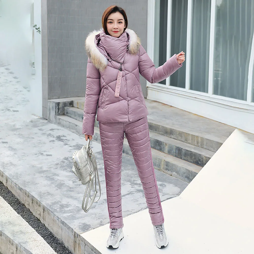 Winter Thick Women's Suit Hooded Big Fur Collar Warm Jackets Slim Trousers Two-piece Cotton Suit Lady European American Ski Suit