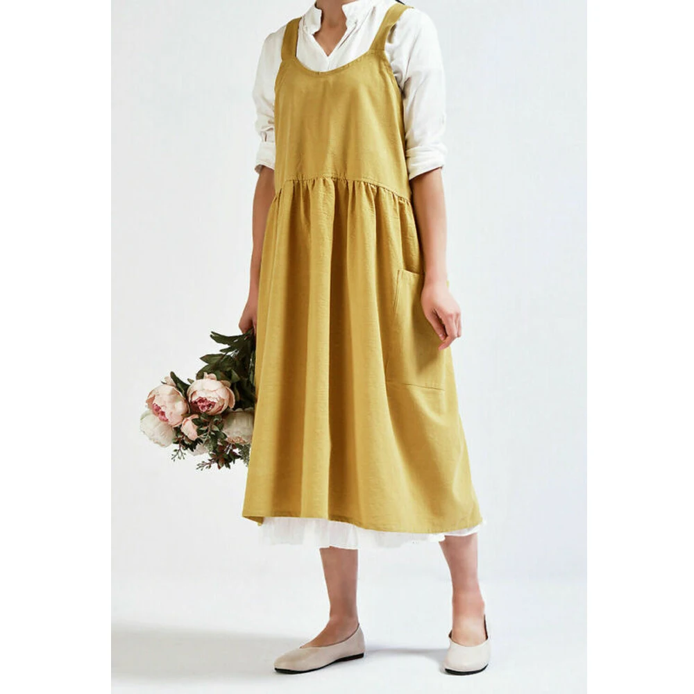 Vintage Women Lady Cross Cotton Linen Aprons Dress Japanese Style Sleeveless Pinafore Home Coffee Cooking Florist Casual Dress