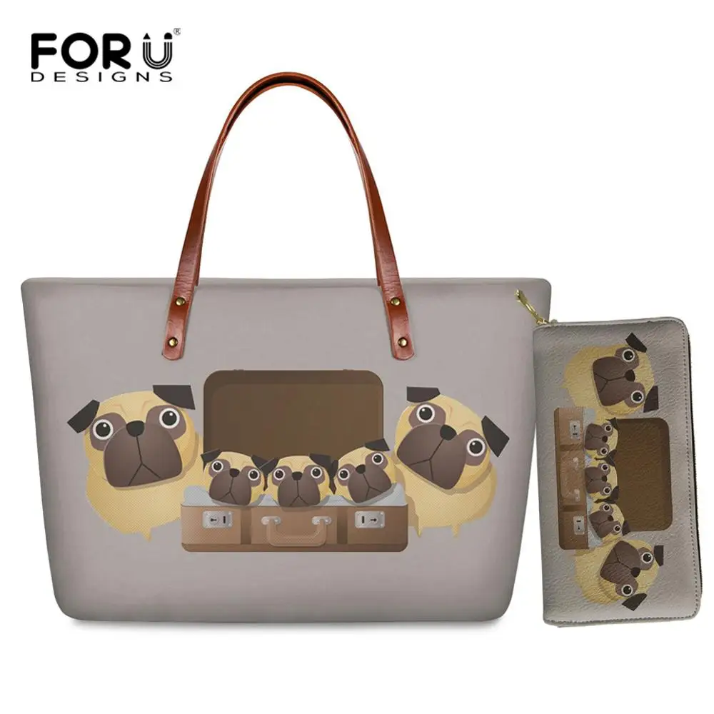 

FORUDESIGNS Cute Puppy Pug Dog Print Women Tote Bag Large Capacity Female Top-handle Bags Casual Ladies Handbag with Purse