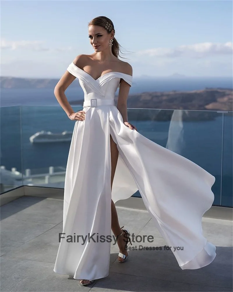 FairyKissy Puffy Sleeve Tulle Wedding Dresses Floor Length Off the Shoulder A Line Simple Wedding Party Gowns for Bridal 2021