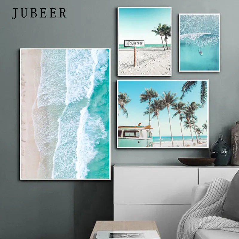 Boat Ocean Waves Overhead Picture Nature Scandinavian Poster Nordic Decoration Sandy Beach Bus Print Wall Art Canvas Painting