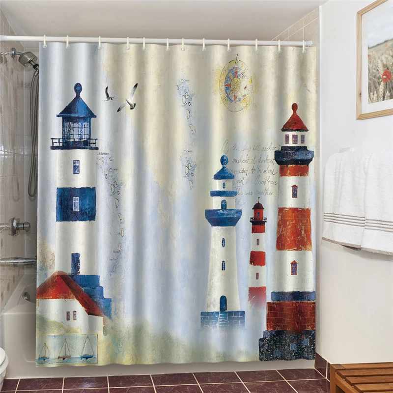 Bath Decor Prevent Peeping Waterproof Blackout Screen Shower Curtains Oil Painting Printing Of Navigation Lighthouse Curtains 3D