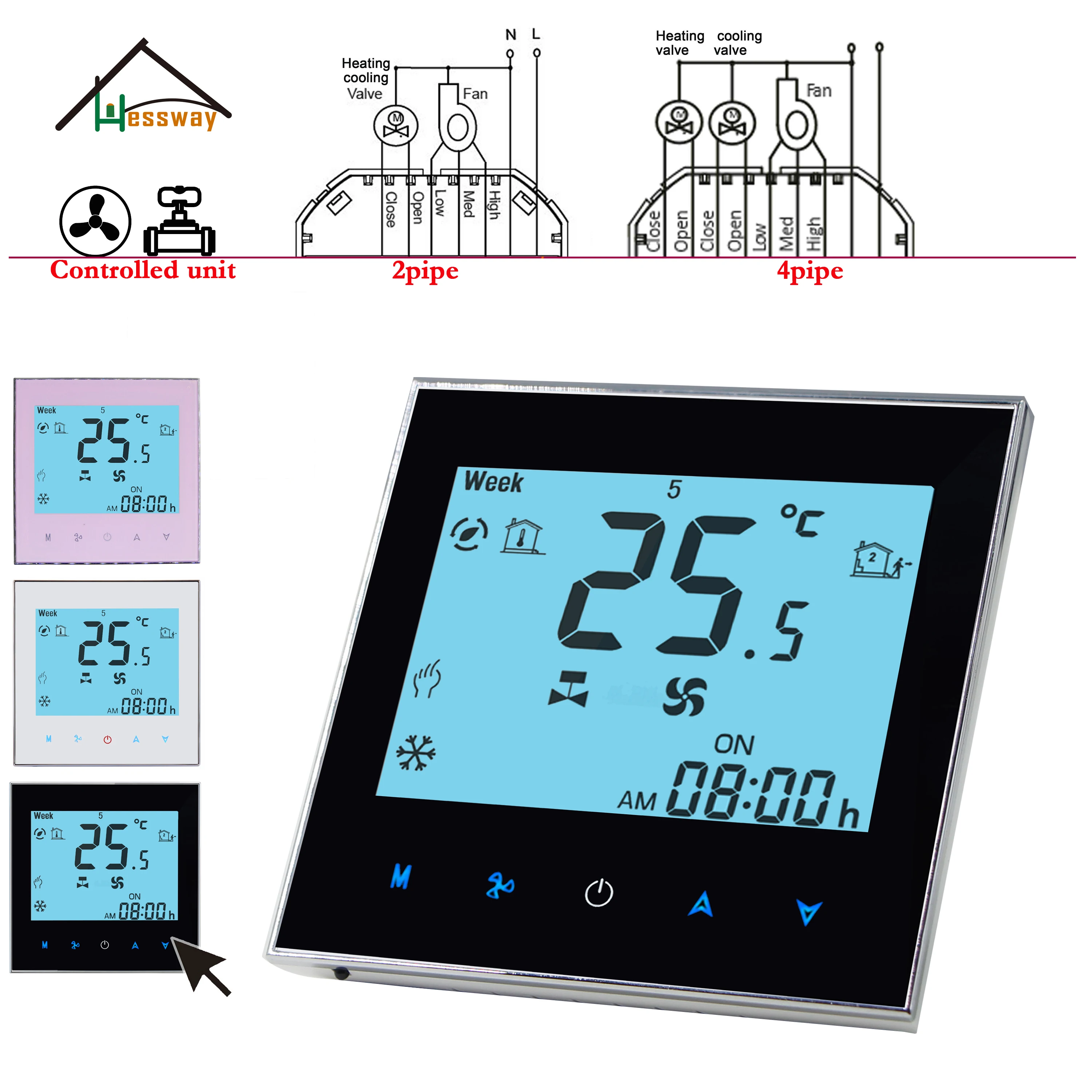 HESSWAY 2-Tube/4Pipe Fan Coil AC WIFI Thermostat for 24V/95-240V Temperature Control Regulator Works with Alexa Google Home