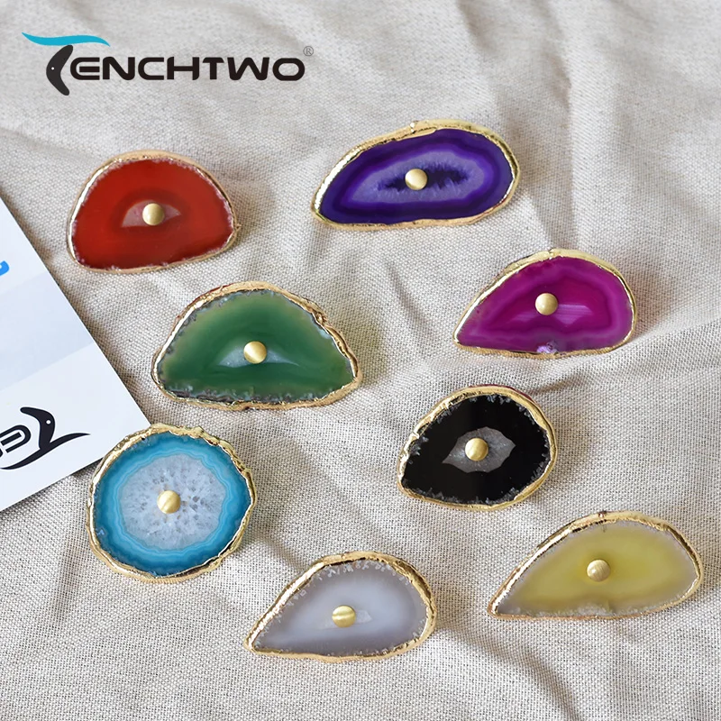 TENCHTWO Luxury Furniture Cabinet Handles Brass Wardrobe Kitchen Door Knob Dresser Drawer Pull Natural Agate Stone Nordic Style