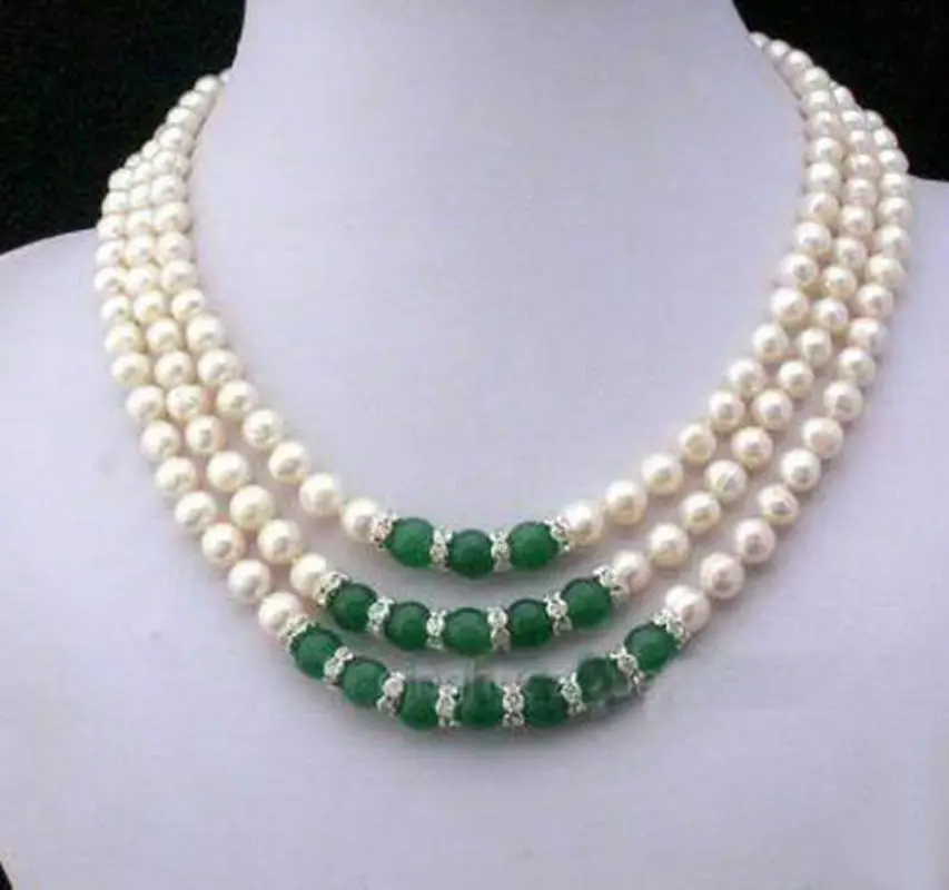 

3Rows 7-8MM Real White Akoya Cultured Pearl & Green Jade Pendants necklace