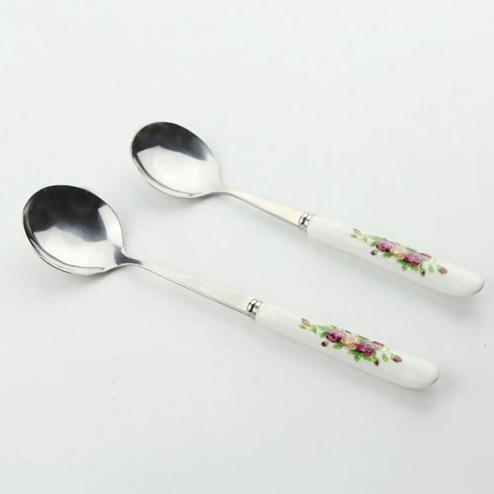 5 Pcs Rose Pattern Scoops Coffee Milk Spoon Mixing Soup Spoons Ceramic Handle Stainless Steel Spoon Kitchen Utensil Set ложка