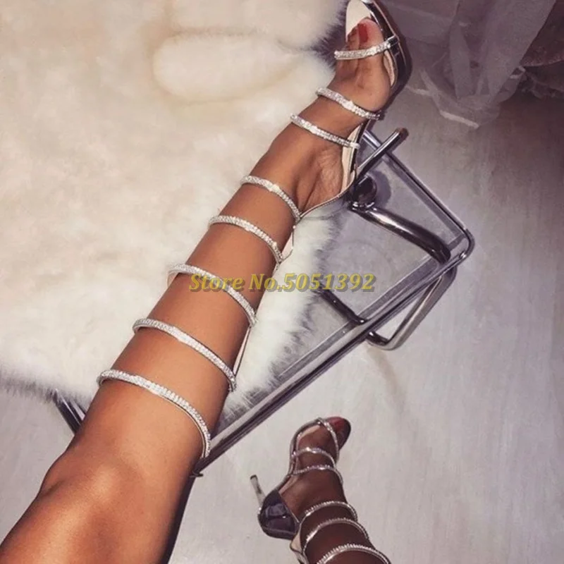 

Nude Silver Rhinestone Stiletto Heels Sexy Gladiator Strappy Sandals Back Zipper Wrap Up Open Toe Thin Heel Shoes Sandal Boots