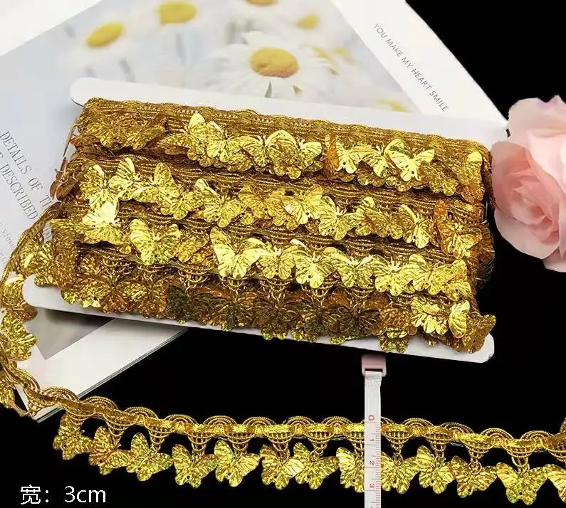 10 ياردة/مجموعة حافة التقوقع المعدنية الذهب الدانتيل التشذيب بريق فراشة شرابات الأعرجاب الدانتيل تقليم