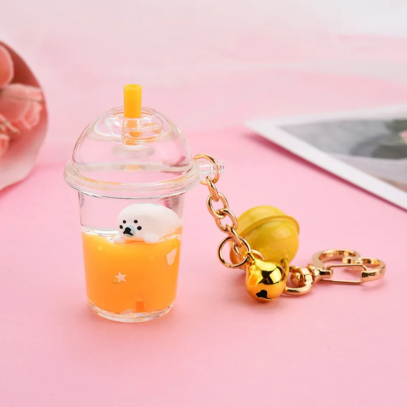 Acrylic Milk Bottle Keyring Milk Tea Cup Keychain Marine Animal Liquid Floating Key Chains Charm Bag Pendant Car Key Ring