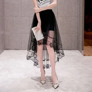 Kobiety dziewczęta lato wysokiej talii warstwowa przezroczysta siateczka Swallowtail Midi długa spódnica asymetryczna koronka muszelkowa Hem plisowana sukienka na przyjęcie