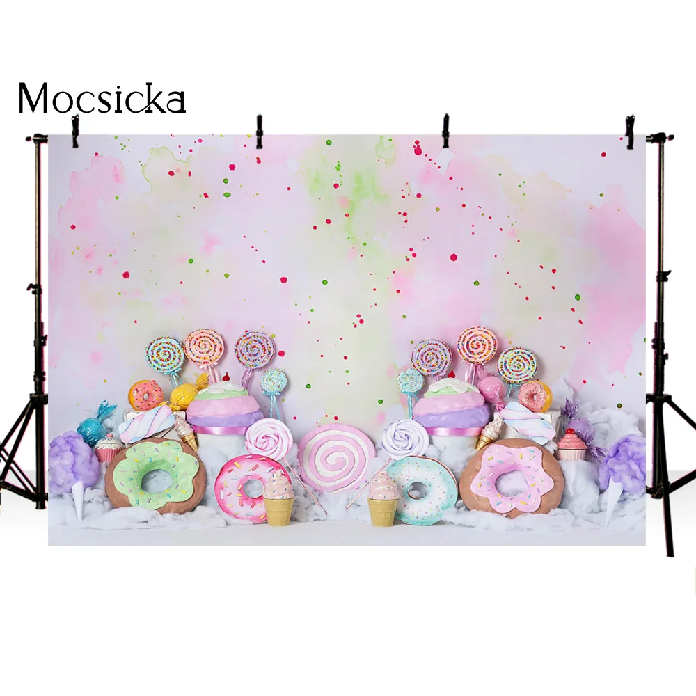 Donut Lollipop หวานวันเกิดฉากหลังสำหรับถ่ายภาพทารกแรกเกิดเด็กภาพพื้นหลังสำหรับ Photo Studio Art Photocall Prop