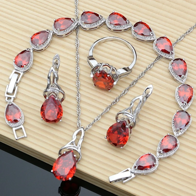 

Classic 925 Silver Jewelry Sets Natural Red Garnet Birthstone for Women Wedding Bohemian Hoop Earrings Necklace Kit Dropshipping