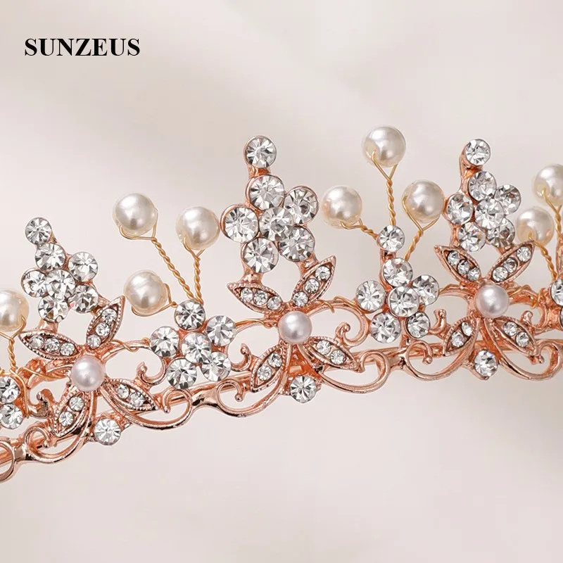 Rose Gold Party Hoofdbanden Kristallen Bridal Hoofddeksels Bruiloft Tiara Met Peren Vrouwen Hoofd Band SQ479