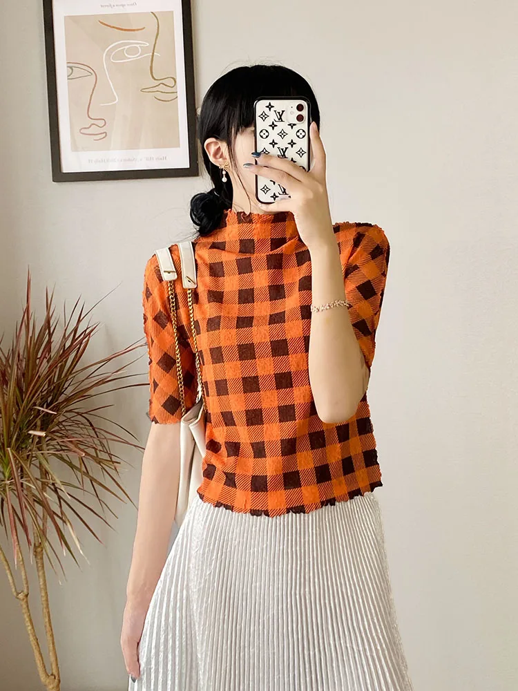 

HOT SELLING Miyake fashion short sleeve turtleneck Sexy Thin lattice print T-shirt IN STOCK