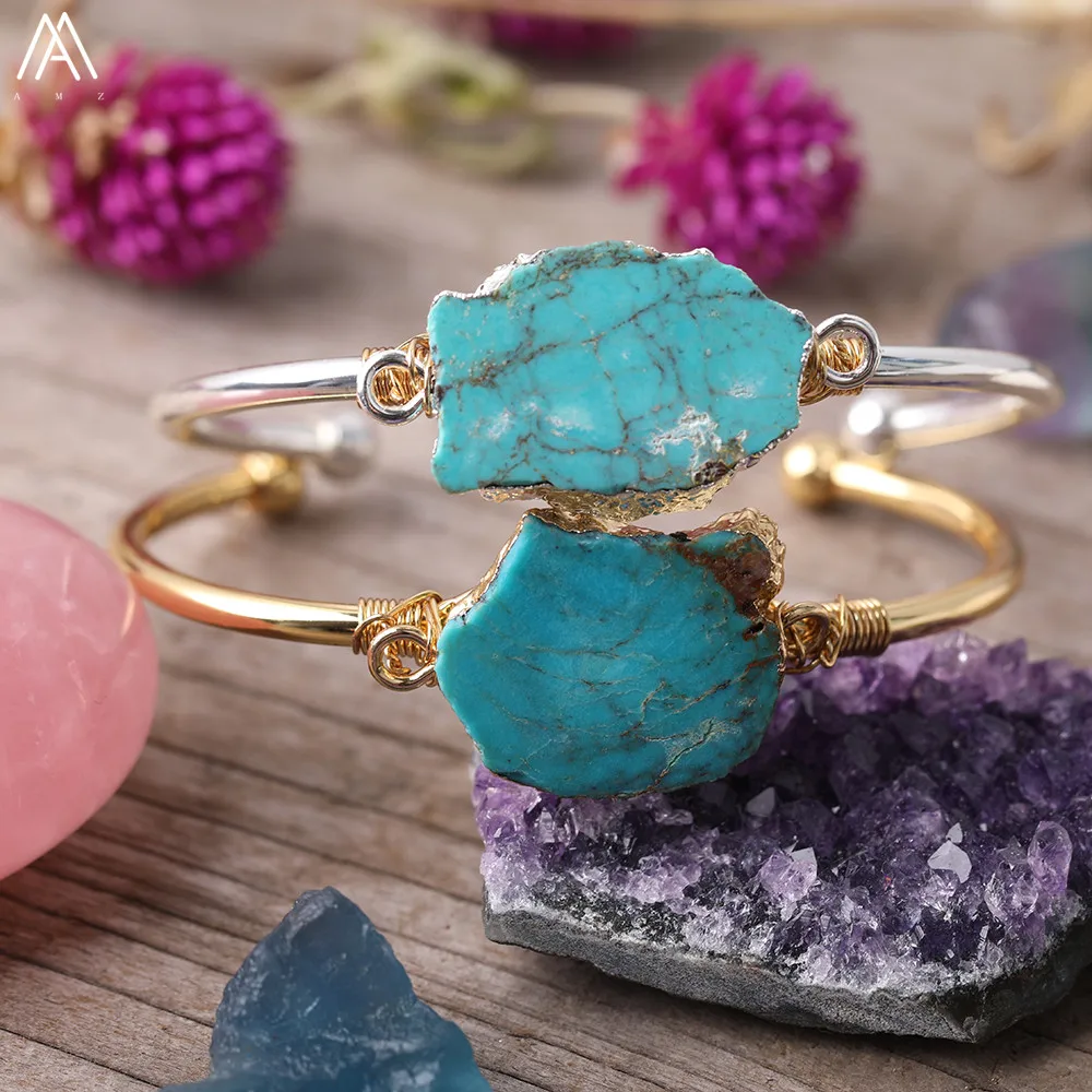 Trendy Women Gold Line Turquoises Open Cuff Bracelets Natural Gemstone Wire Wrap Bangles Birthday Gifts