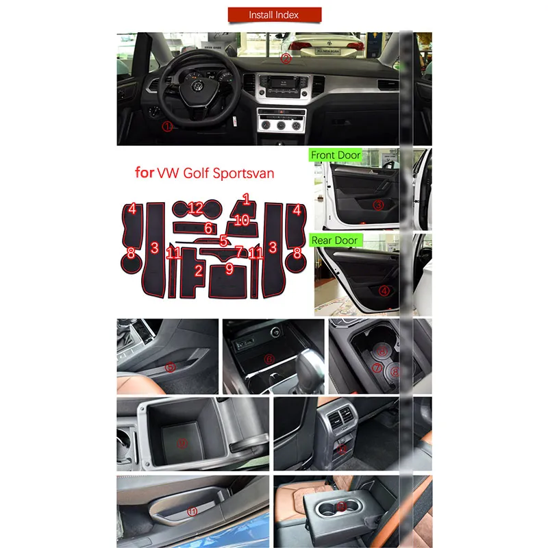 for VW Volkswagen Golf Sportsvan SV 2014~2019 Rubber Anti-slip Mat Door Groove Cup Pad Phone Cushion Gate Coaster Accessories