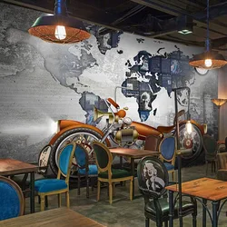Custom Self-Adhesive Waterproof Wallpaper 3D Retro Motorcycle Map Photo Murals Restaurant Cafe Background Wall Stickers Frescoes