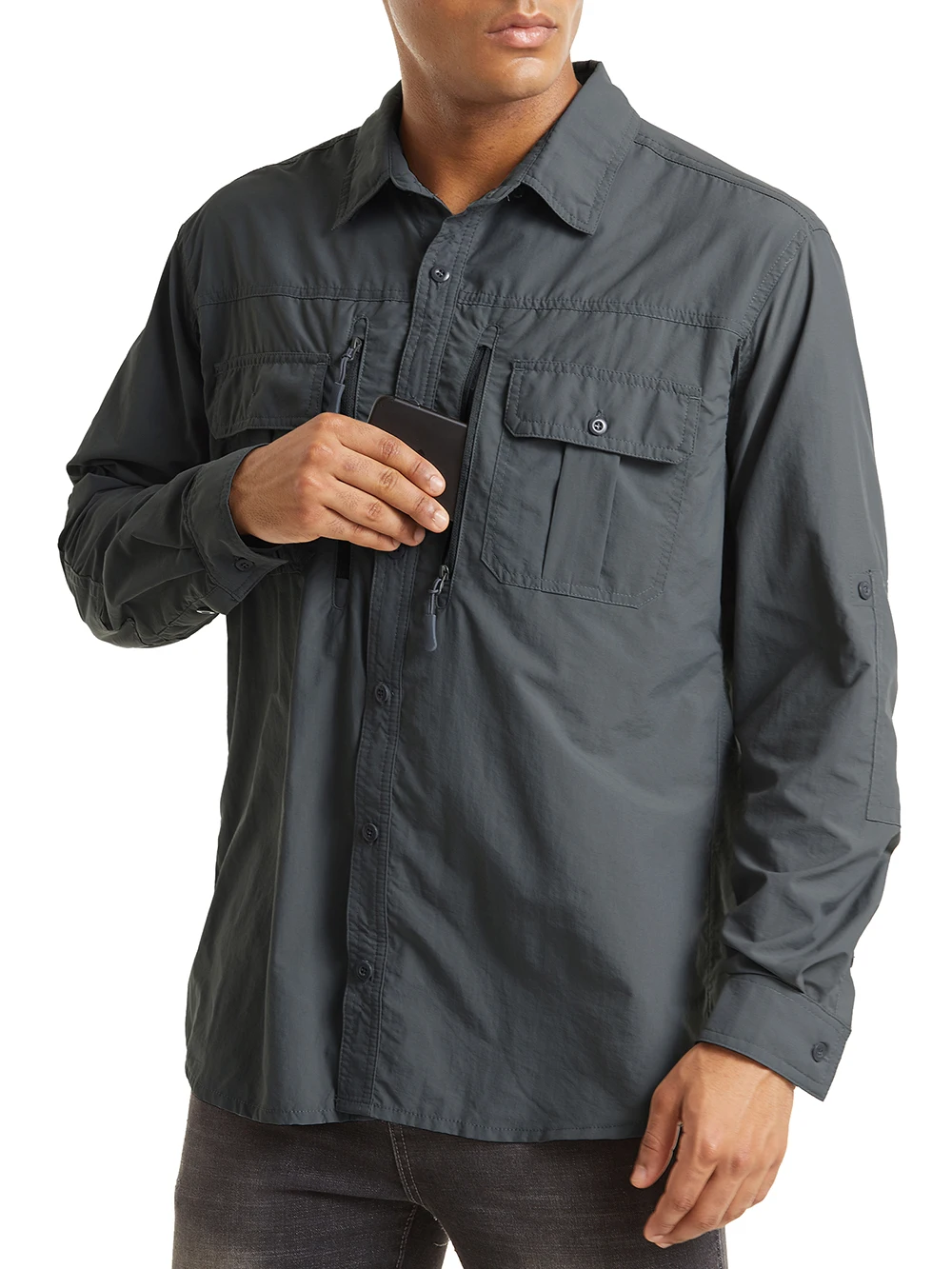 TACVASEN-Chemise Cargo à Manches sulfpour Homme, Vêtement avec 2 Poches à Fermeture Éclair sur la Poitrine, Protection de la Peau à vaccage Rapide, pour le Travail en Plein Air