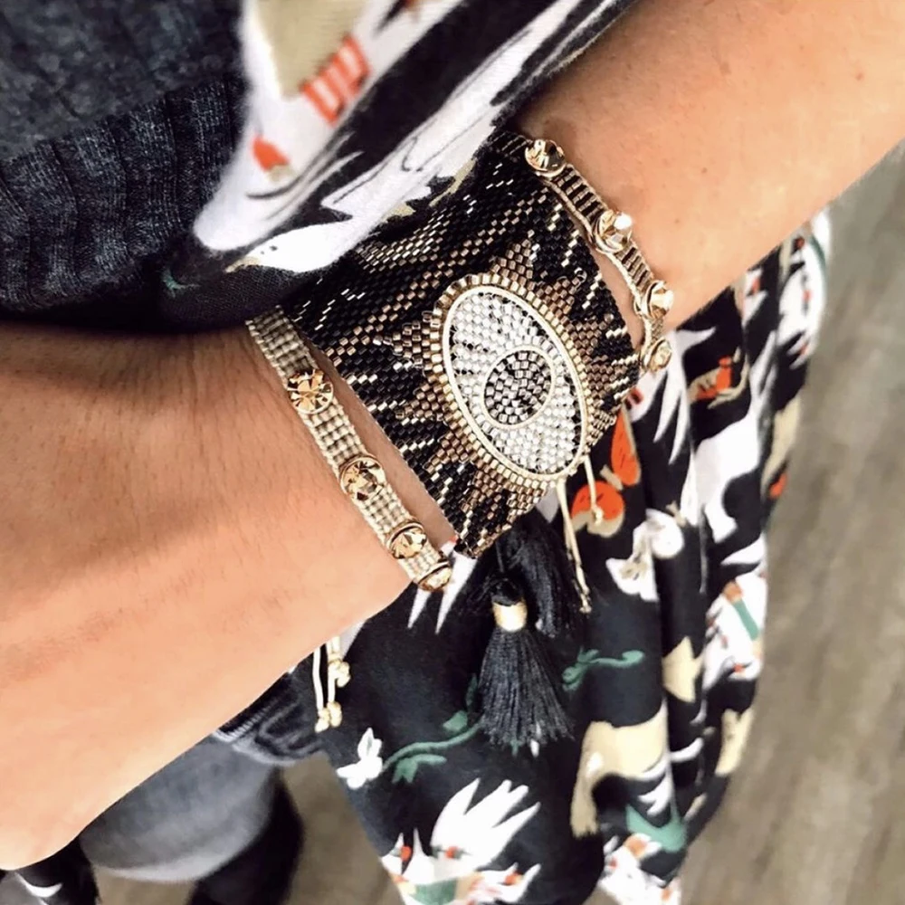 

Женский широкий браслет BLUESTAR 2021, браслет от сглаза Миюки, ювелирные изделия ручной работы с кристаллами и кисточками