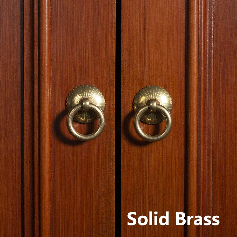 Solid Brass Ring Hanlde Decorative Knobs Vintage Antique Furniture Pull for Cabinet Closet Wardrobe Cupboard Drawer Wooden Doors