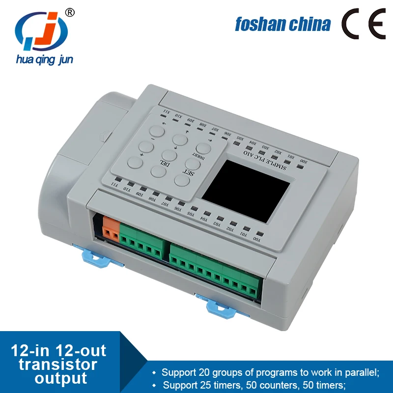 Huaqingjun 12DI 12DO Salida de transistor PLC DC24V Programa fácil PLC para contactor