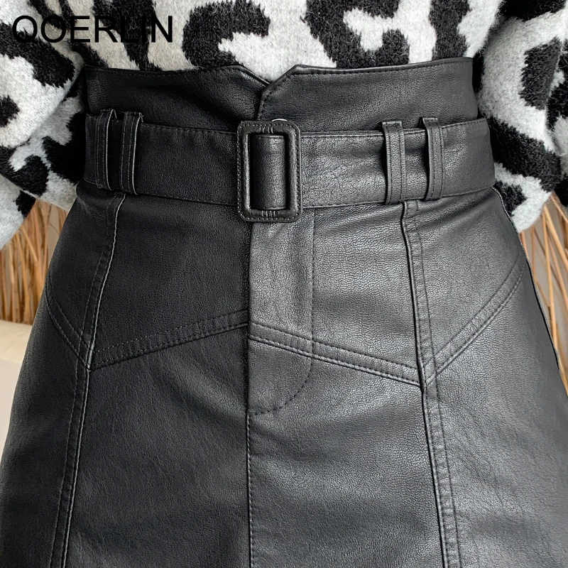 QoerliN Washed PU Leather Skirt Korean Slim High Waist Shorts Skirt Female Belt Mini Skirts Safety Liner Shorts Skirts