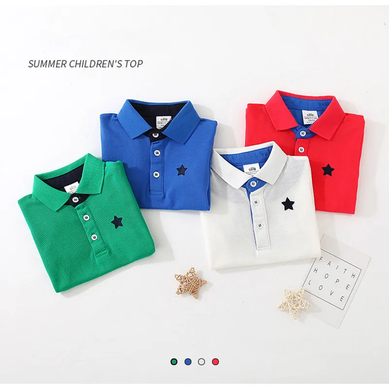 2024 Summer Casual 2-10 Years Children Clothing Cotton Short Sleeve Turn-Down Collar White Blue Star Print Kids Boys Tee T-Shirt