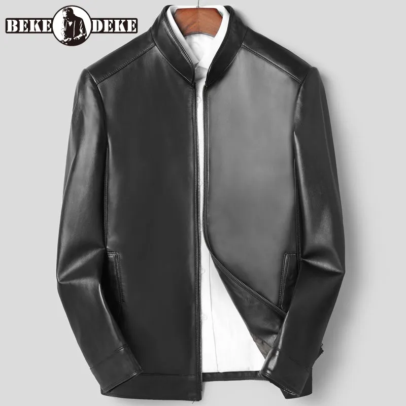 

Brand Men Office Casual Sheepskin Real Leather Coat Slim Biker Motorcycle Jacket Spring Autumn Stand Collar Business Jackets