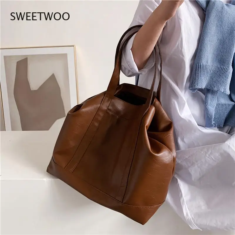 Women Large Soft Tote Bag Faux Leather Shoulder Bag Green White Brown Summer 2021