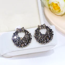 Pendientes de cristal con lazo grande para mujer, aretes con diamantes de imitación negros brillantes, accesorios de joyería a la moda