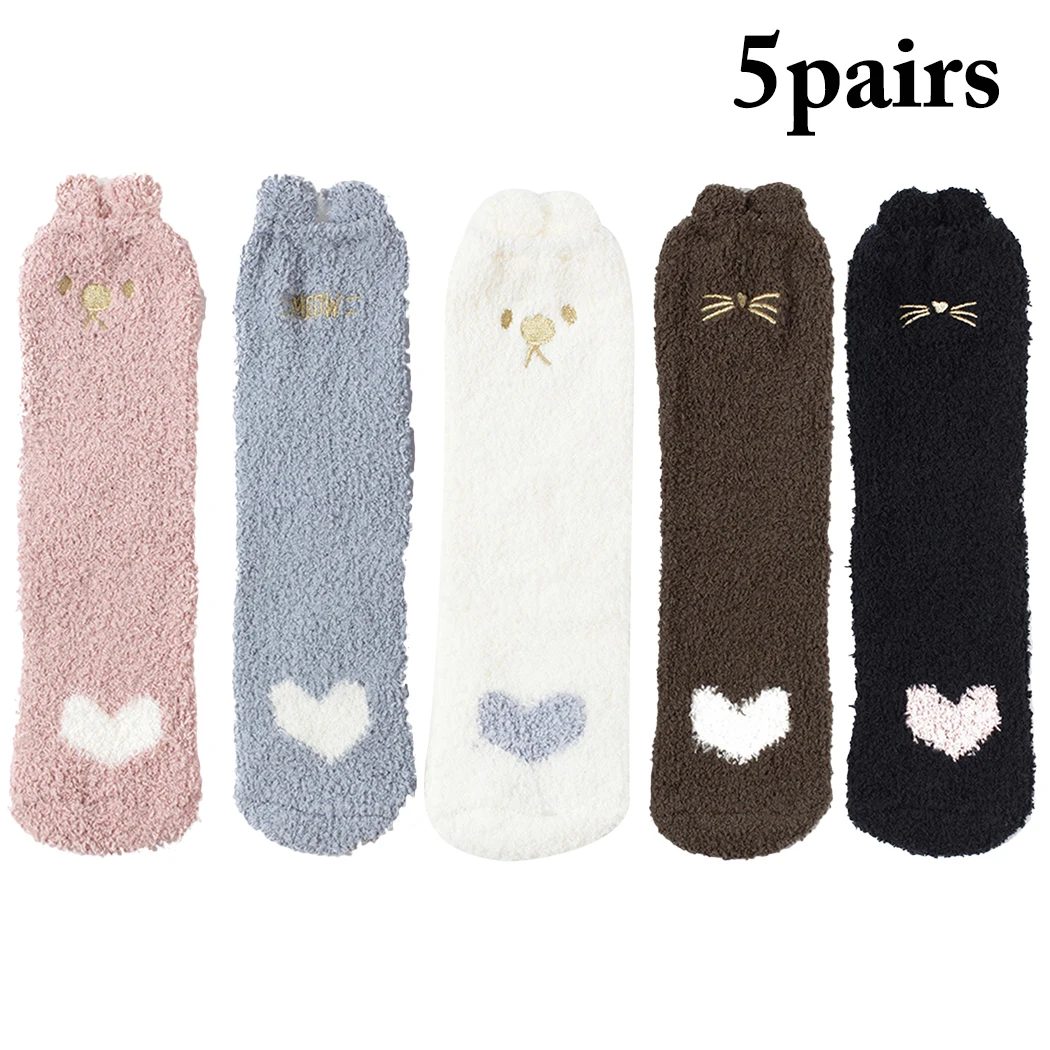 5pcs Fuzzy Fluffy Terry Warm Socks Cat Coral Velvet Socks Winter Kawaii Thick Socks Striped Cartoon Women Short Cute Socks