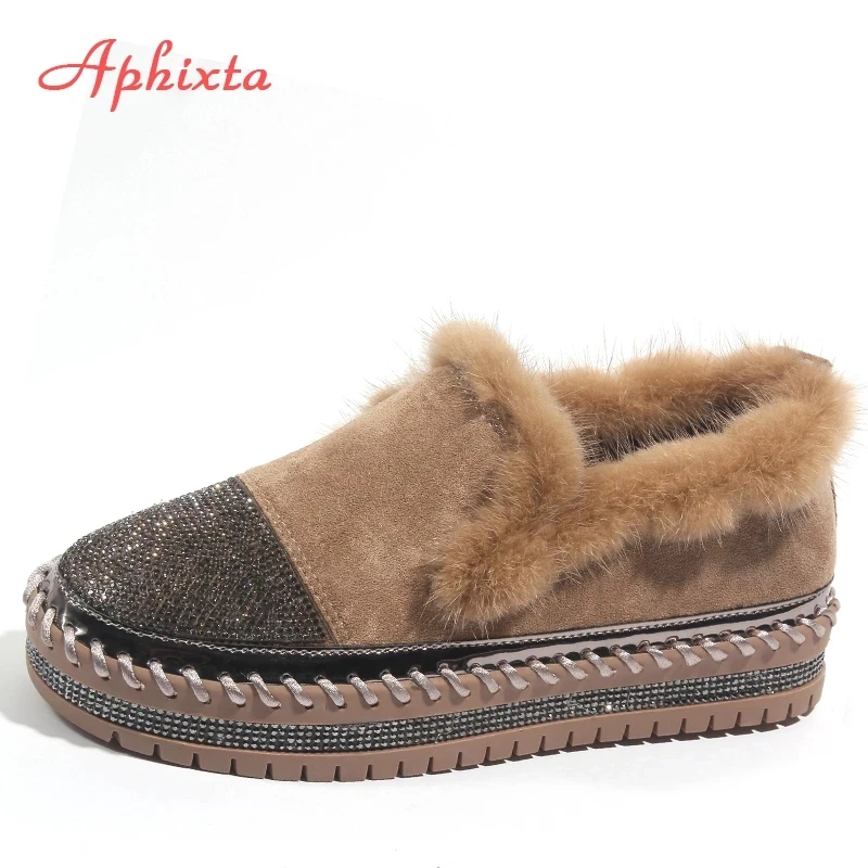 Aphixta Caldo Reale del Visone Della Pelliccia Scarpe Da Donna di Cristallo di Lusso A Mano Cuciture In Pelle Inverno Scarpe Donna Slip-on