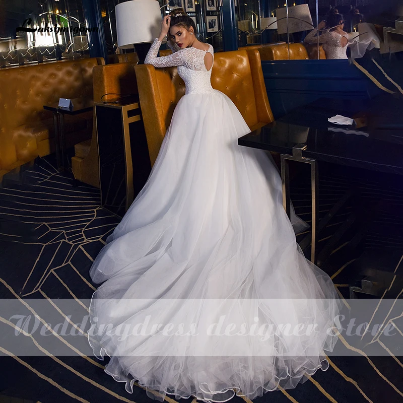 Lakshmigown A-lijn Bruidsjurk Met Lange Mouw Luxe Kralen Kant Applicaties Sexy Tulle Prinses Bruid Toga Vestido De Noiva