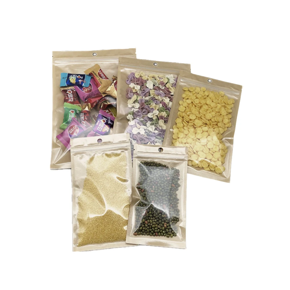 

100Pcs Clear Plastic Kraft Paper Zip Lock Bag with Hang Hole Tear Notch Resealable Reusable Food Chocolate Candy Pack Pouches