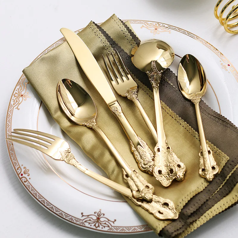 4pcs/set Baroque Style Royal Cutlery Set Gold Luxury Dinnerware Stainless Steel Knife Fork Spoon Tableware For Dishwasher Safe