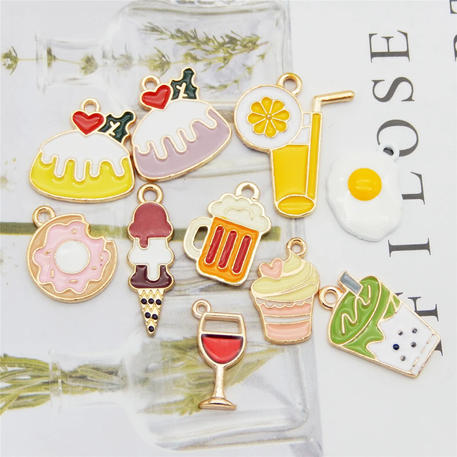 10pcs mix Food & Beverages Egg Red Wine Cake Drink Charms Ice Cream jewelry pendant for earrings Alloy Enamel Beer Bracelet Gift