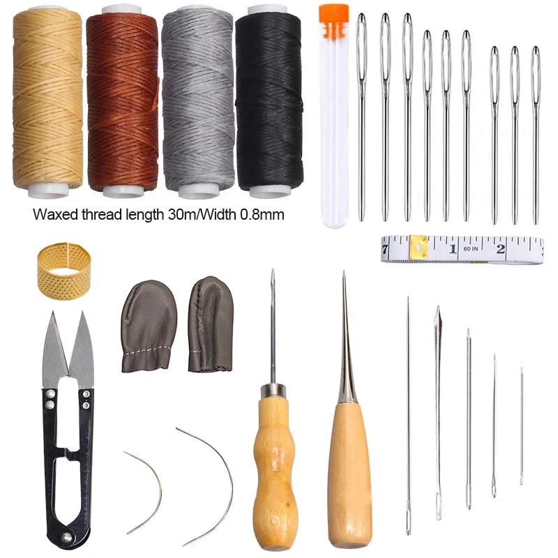 

28pcs Leather Sewing Tools Kit with Large-Eye Stitching Needles Waxed Thread Leather Stitching Needles Awl Hand Tools DIY Sewing