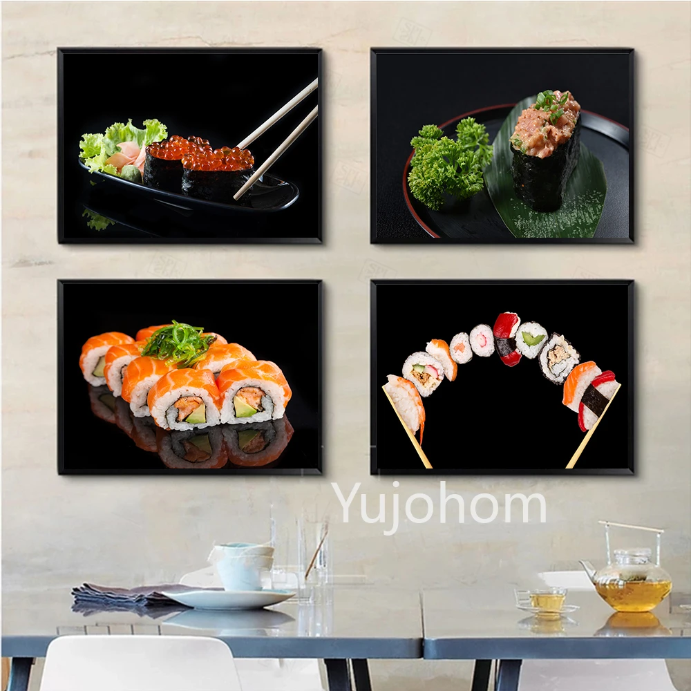 Delicious Japanese Food Salmon Sushi Roll on Stone Plate Wall Art Painting Canva Print and Posters Dining for Kitchen Home Decor