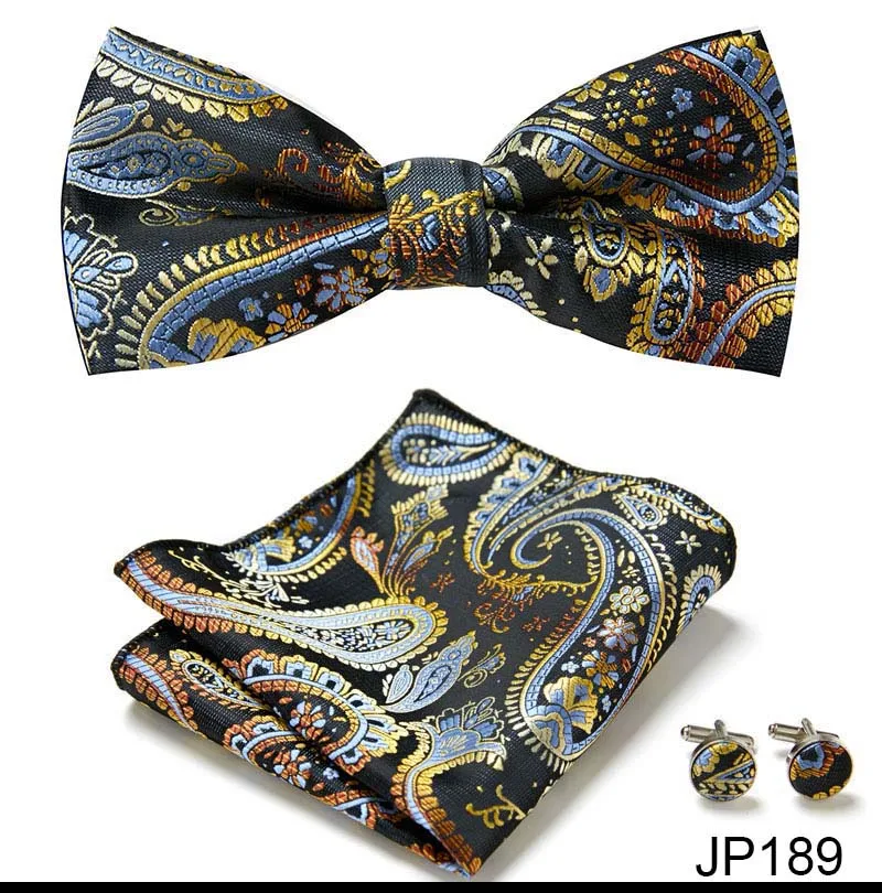 Great Quality Silver Office Butterfly Hanky Cufflink Set Bowtie For Men Geometric Hombre Formal Clothing