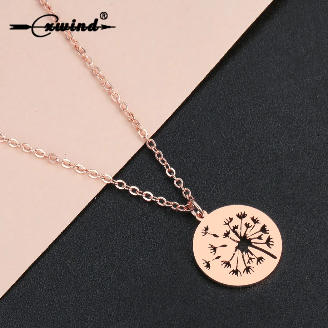 Cxwind Stainless Steel Dandelion Wishing Necklace Circle Dandelion Dicsc Pendant Necklace Gift for Her Lucky WISH Jewelry