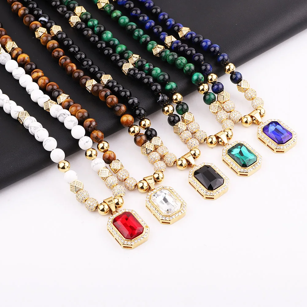 

Hip Hop Luxury CZ Pave Ball Natural Stone Tiger Eye 316L Stainless Steel Crystal Charm Pendant Necklace Jewelry Gift Men Women