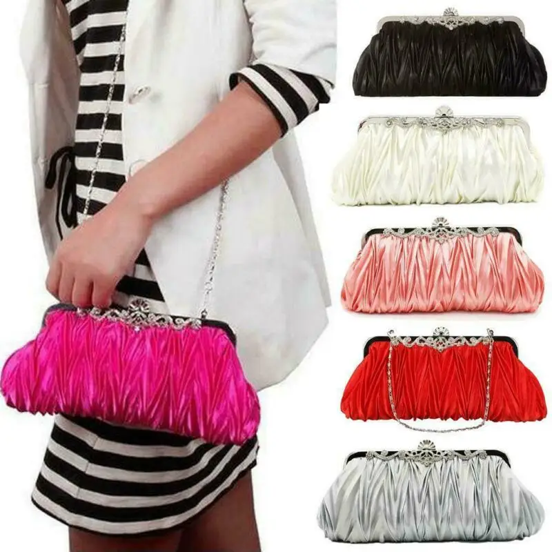 Women Crystal Satin Small Evening Clutch Bag Ladies Elegant Chain Rhinestones Wrinkle Pattern Evening Party Crossbody Bag Purse