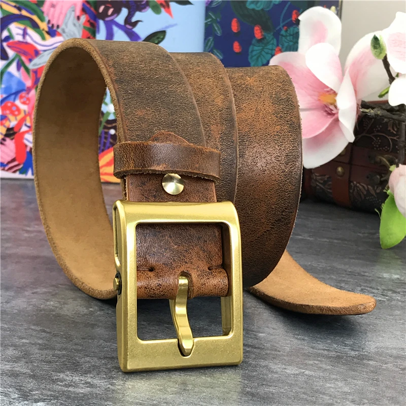 Heavy Solid Brass Belt Buckle Super Thick Men Genuine Leather Belt Men Casual High Quality Belt Cowboy Yellow Belt Jeans MBT0022