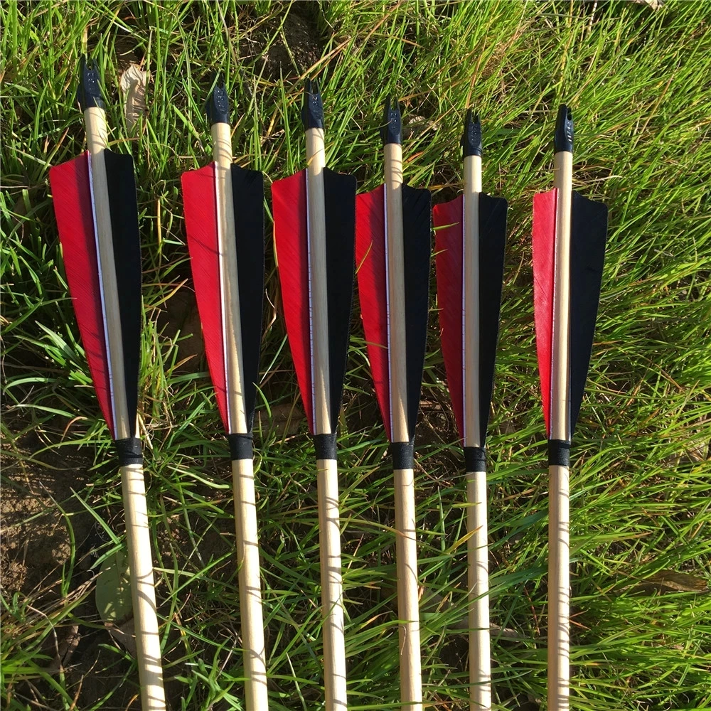 6/12/24pcs Natural Handmade Wooden Arrows 32inch with Turkey Black Red Feather bullet  For 20-60lbs Bow Archery Shooting