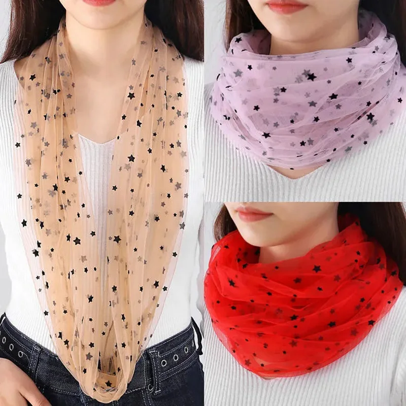 Women\'s Mesh Lace Star Flocking Neck Guard False Collar Hedging Silk Scarf Summer Solid Color Long Beach Sunscreen Scarve T60